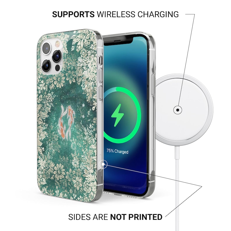 May include: A clear phone case with a floral design and two orange koi fish. The phone screen displays a charging symbol. A white wireless charger is connected to the phone. Text on the image reads: "SUPPORTS WIRELESS CHARGING" and "SIDES ARE NOT PRINTED."