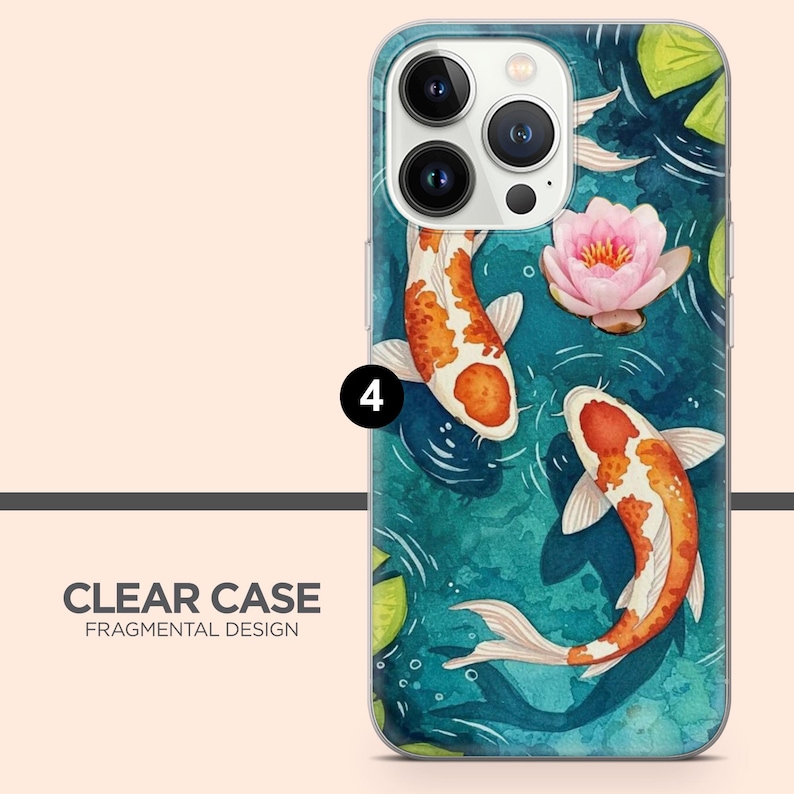 May include: Clear phone case with a watercolor design featuring two koi fish, a pink lotus flower, and lily pads in a pond. The case has the text "CLEAR CASE FRAGMENTAL DESIGN".