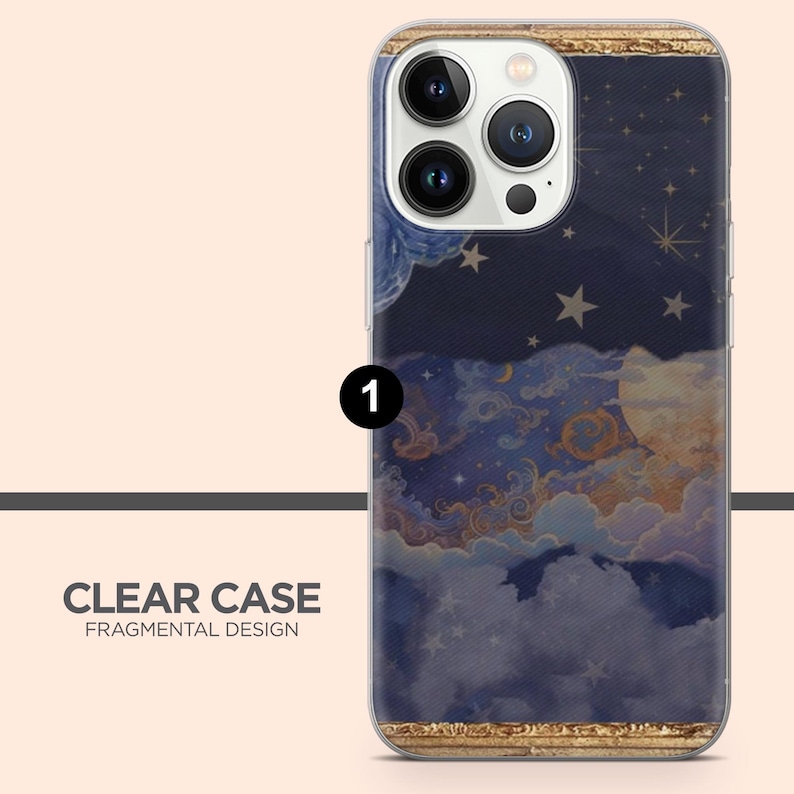 May include: Clear phone case with a celestial design. The case features a dark blue background with a night sky scene, including stars, clouds, and a moon. The case has a gold border and the text "CLEAR CASE FRAGMENTAL DESIGN".