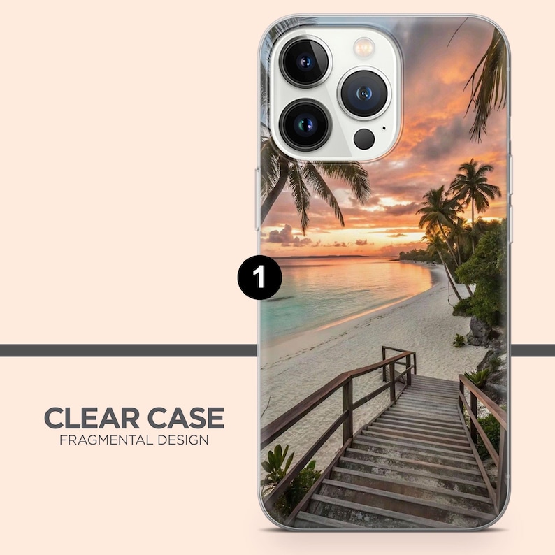 May include: Clear phone case with a tropical beach scene, a wooden walkway, and a sunset sky. The case features palm trees and the text "CLEAR CASE FRAGMENTAL DESIGN".