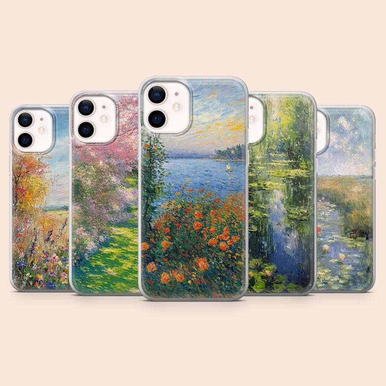 May include: A collection of five phone cases featuring landscape paintings. The cases display various scenes, including a lake with a sailboat, a field of flowers, and a garden with pink blossoms. The cases have a clear, protective design.