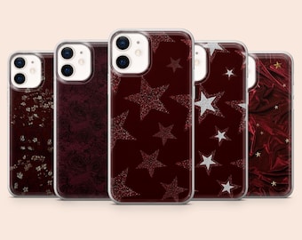 Burgundy Phone Case Dark Rose Stars Cover for iPhone 17Pro, 16e, 15, 14, 13, 12, Samsung S26, S25, S24, S23, A16, A56, A55, Pixel 10A, 9Pro