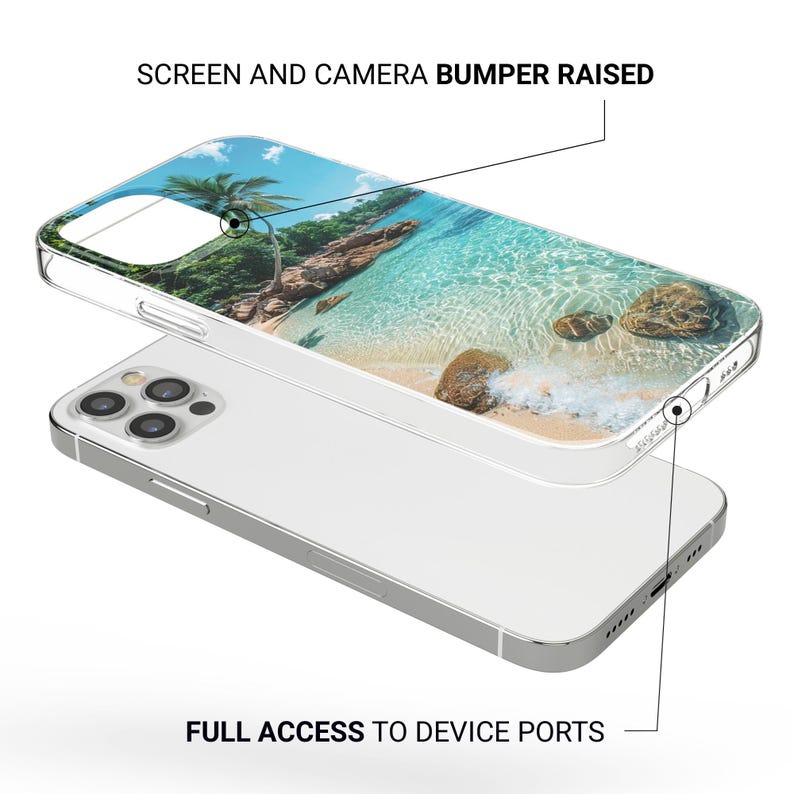 May include: A clear phone case with a tropical beach scene. The case has a vibrant image of a sandy beach, turquoise water, and palm trees. The text on the case reads "SCREEN AND CAMERA BUMPER RAISED" and "FULL ACCESS TO DEVICE PORTS".