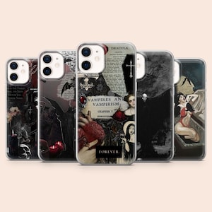 May include: A collection of five phone cases with gothic and vampire-themed designs. The cases feature images of bats, crosses, hearts, and text from the book "Dracula" and "Vampires and Vampirism". The cases are in shades of black, red, and white.