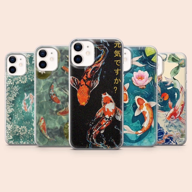 May include: A collection of phone cases featuring koi fish designs. The cases display vibrant orange, white, and black koi against various backgrounds, including water and floral patterns. One case has Japanese text.