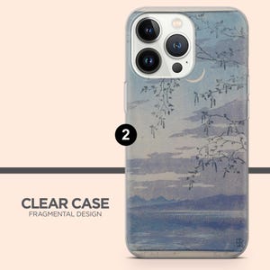 May include: Clear phone case with a Fragmental Design. The case features a landscape painting in shades of blue and gray, depicting a moonlit scene with mountains, water, and tree branches. The text "CLEAR CASE FRAGMENTAL DESIGN" is visible.