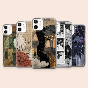 Può includere: Una collezione di custodie per telefoni con vari design. Le custodie presentano illustrazioni di fantasmi, edifici e motivi floreali. La tavolozza dei colori comprende beige, nero e arancione. Le custodie sono progettate per un telefono.