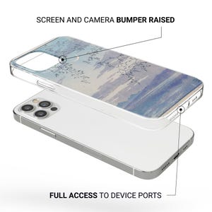 May include: Clear phone case with a watercolor design in shades of blue and white. The case has a raised bumper for the screen and camera. The text on the image says "SCREEN AND CAMERA BUMPER RAISED" and "FULL ACCESS TO DEVICE PORTS".