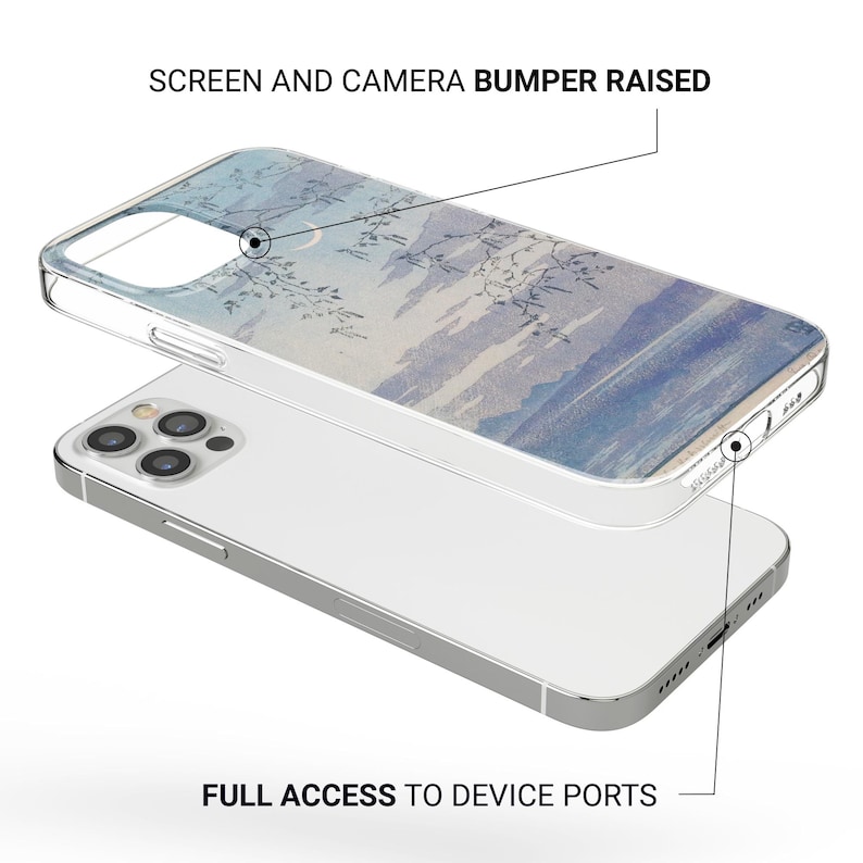 May include: Clear phone case with a watercolor design in shades of blue and white. The case has a raised bumper for the screen and camera. The text on the image says "SCREEN AND CAMERA BUMPER RAISED" and "FULL ACCESS TO DEVICE PORTS".