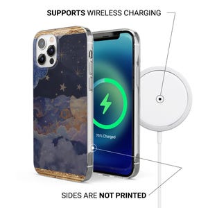 May include: A phone case with a celestial design featuring a night sky with clouds, stars, and a gold border. The phone screen shows a charging symbol. The text reads "SUPPORTS WIRELESS CHARGING" and "SIDES ARE NOT PRINTED".