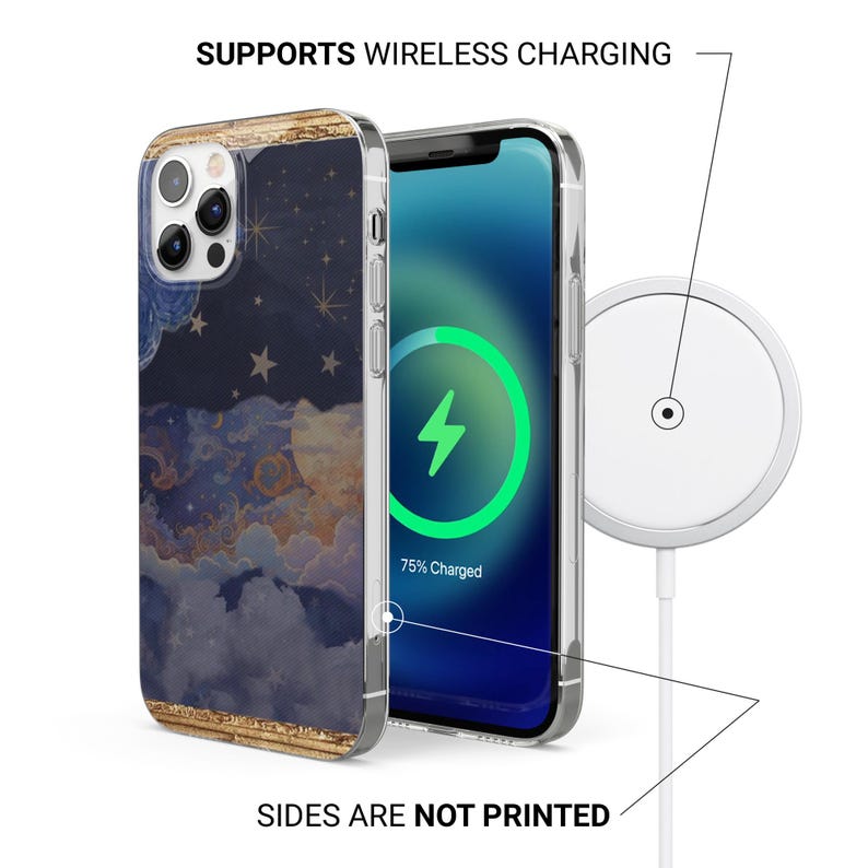 May include: A phone case with a celestial design featuring a night sky with clouds, stars, and a gold border. The phone screen shows a charging symbol. The text reads "SUPPORTS WIRELESS CHARGING" and "SIDES ARE NOT PRINTED".