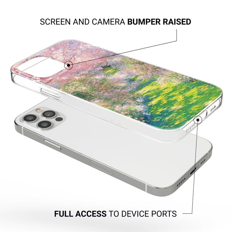 May include: A clear phone case with a colorful abstract design. The case features a raised screen and camera bumper and full access to device ports. The design includes pink, green, and yellow hues.