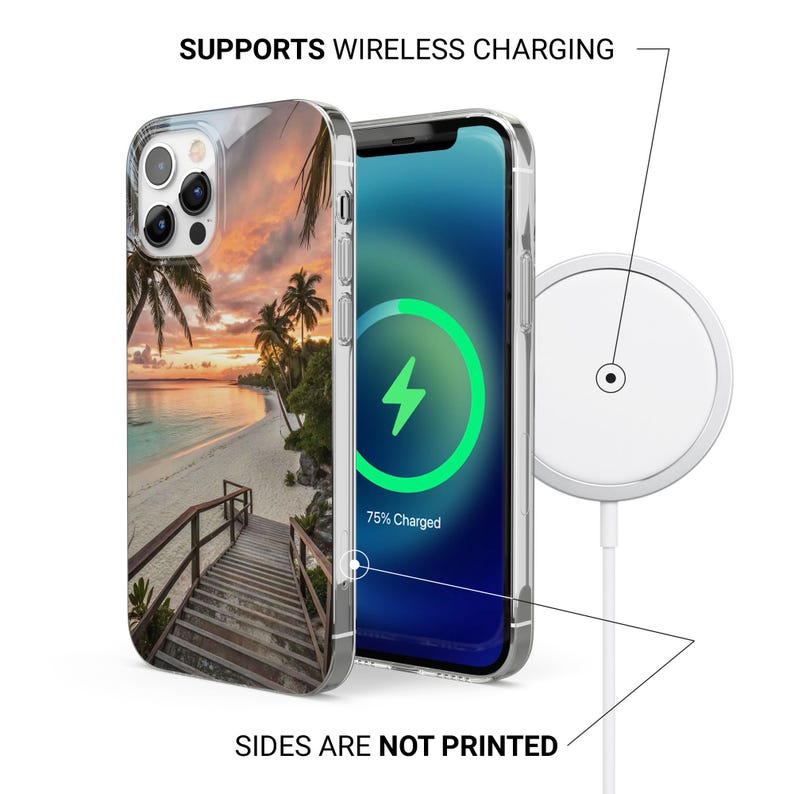May include: Clear phone case featuring a beach scene with palm trees and a sunset. The phone screen shows a charging interface with a green lightning bolt. Text reads "SUPPORTS WIRELESS CHARGING" and "SIDES ARE NOT PRINTED".