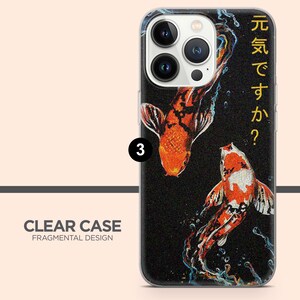 May include: Clear phone case with a black background featuring two orange and white koi fish. Japanese text in gold reads "How are you?". The case also has the text "Clear Case Fragmental Design".
