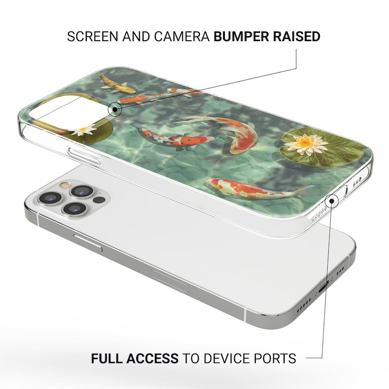 May include: Clear phone case featuring a koi pond design with orange, white, and yellow koi fish swimming in a green pond. The case has the text "SCREEN AND CAMERA BUMPER RAISED" and "FULL ACCESS TO DEVICE PORTS".