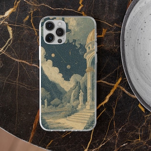 May include: Clear phone case featuring a vintage-style illustration of a classical building with a domed roof, steps, and statues. The background depicts a night sky with clouds and celestial bodies. The case is on a dark marble surface.