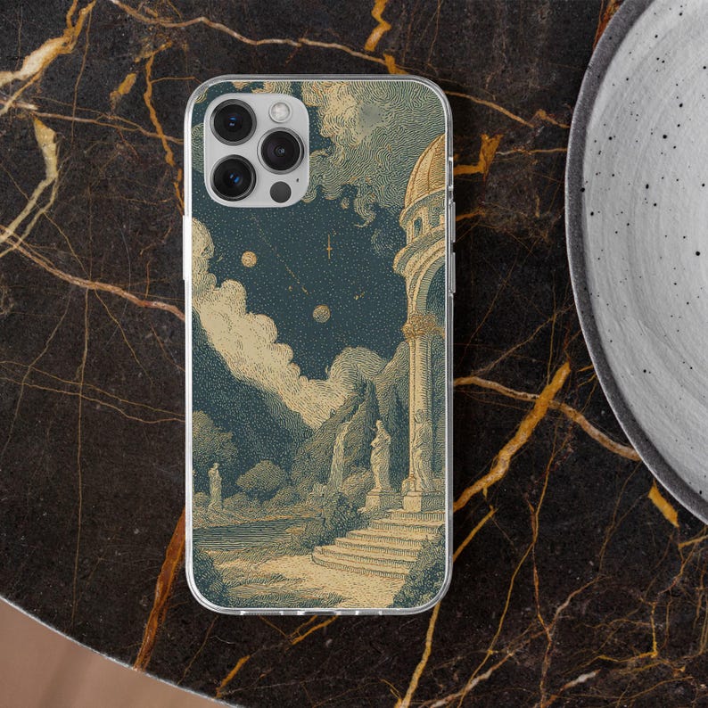 May include: Clear phone case featuring a vintage-style illustration of a classical building with a domed roof, steps, and statues. The background depicts a night sky with clouds and celestial bodies. The case is on a dark marble surface.