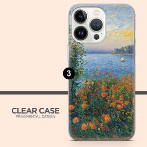 May include: Clear phone case with a Fragmental Design. The case features a painting of a lake scene with orange flowers in the foreground, a sailboat, and a blue sky. The case has a clear border.