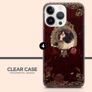 May include: Clear phone case with a Fragmental Design. The case features a dark red background with a vintage-style illustration of a woman in a decorative frame, surrounded by red roses and gold accents. The text "CLEAR CASE FRAGMENTAL DESIGN" is at the bottom.