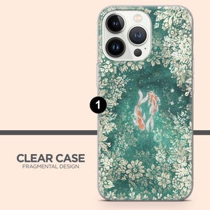 May include: Clear phone case with a Fragmental Design. The case features a teal background with two orange koi fish swimming in a pond. White floral and leaf patterns frame the design, creating a nature-inspired aesthetic.