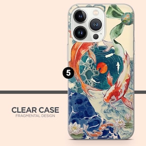 May include: Clear phone case with a Fragmental Design. The case features a watercolor illustration of koi fish in shades of orange and white, swimming around a blue vinyl record with a red sun. The design includes water lilies and other aquatic elements.