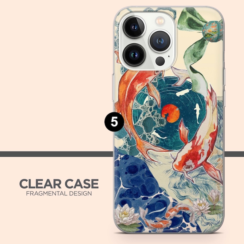 May include: Clear phone case with a Fragmental Design. The case features a watercolor illustration of koi fish in shades of orange and white, swimming around a blue vinyl record with a red sun. The design includes water lilies and other aquatic elements.