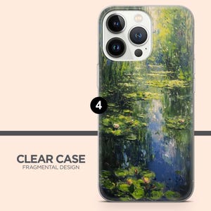 May include: Clear phone case with a Fragmental Design. The case features a painting of a pond with lily pads and flowers in shades of green, blue, and yellow. The text "CLEAR CASE FRAGMENTAL DESIGN" is printed on the case.