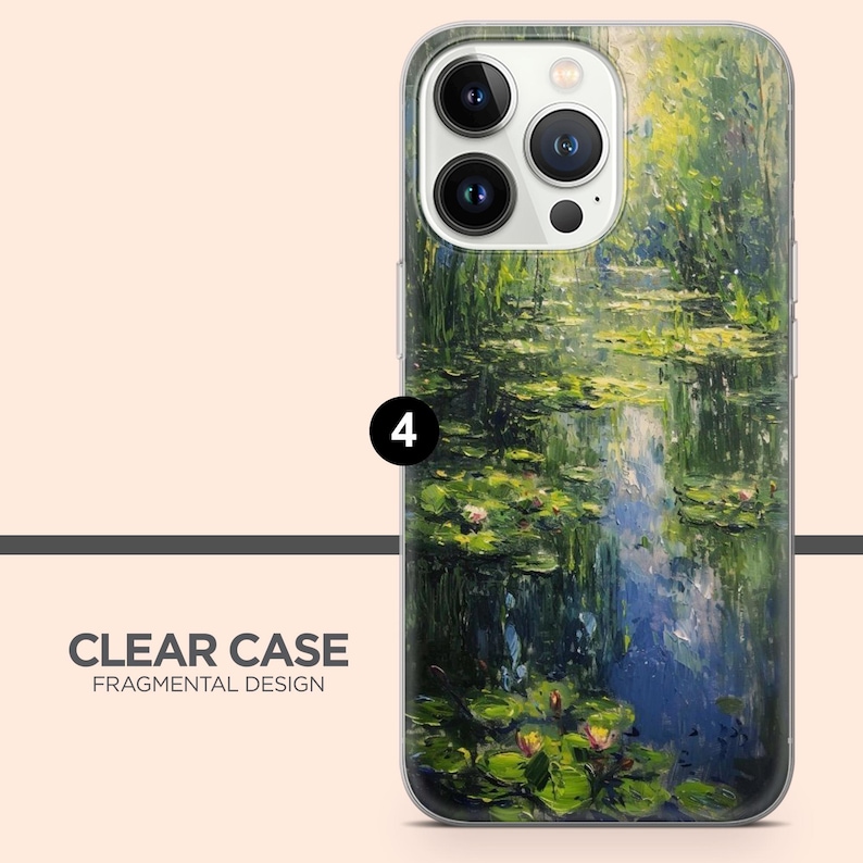 May include: Clear phone case with a Fragmental Design. The case features a painting of a pond with lily pads and flowers in shades of green, blue, and yellow. The text "CLEAR CASE FRAGMENTAL DESIGN" is printed on the case.
