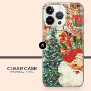 May include: A clear smartphone case featuring a collage of vintage-style Christmas imagery, including a decorated green pine tree, a smiling Santa Claus, a child with a reindeer, and string lights, with the text Joy To The World visible.