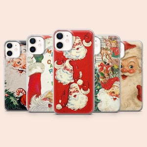 May include: Five smartphone cases arranged in a row, each featuring vintage-style illustrations of Santa Claus. The designs include various depictions of Santa with white beards, red hats, and festive holiday imagery like pine trees and reindeer.