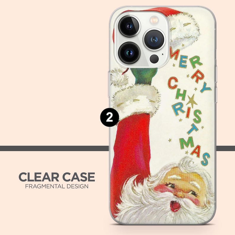 May include: A clear phone case featuring a vintage-style illustration of Santa Claus with a red suit and white beard. The text Merry Christmas is printed in green and red letters with a gold star. The design includes a red hat and white trim.