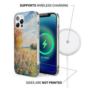 May include: A clear phone case with a landscape painting of a field with colorful flowers and trees. The phone screen shows a charging symbol. The text reads: SUPPORTS WIRELESS CHARGING and SIDES ARE NOT PRINTED.