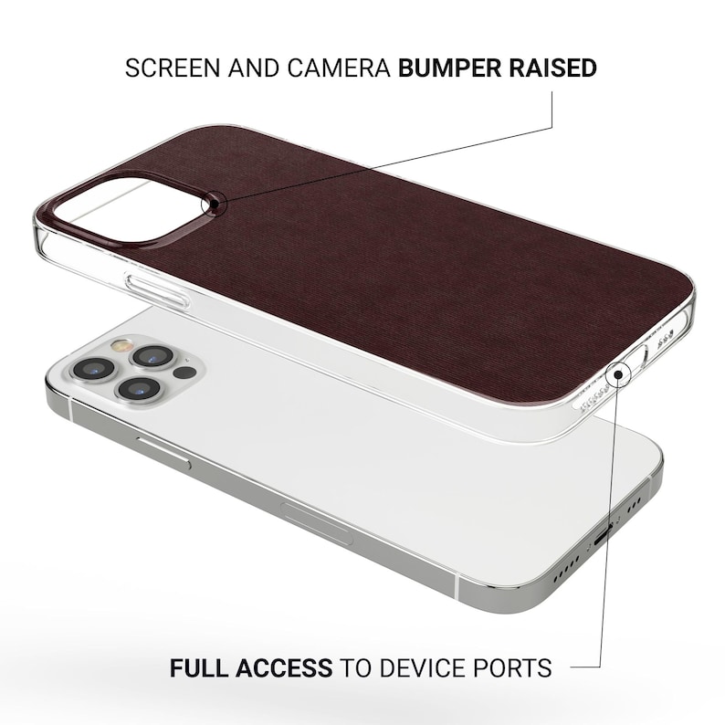 May include: A clear phone case with a dark brown wood grain back, shown above a silver smartphone. The case has raised edges for screen and camera protection, with full access to device ports. The text "SCREEN AND CAMERA BUMPER RAISED" and "FULL ACCESS TO DEVICE PORTS" are visible.