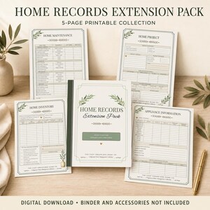 May include: A 5-page printable Home Records Extension Pack collection featuring forms for home maintenance, projects, inventory, and appliance information. The documents have a white background with green olive branch illustrations and black text.