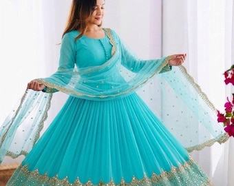 5mm Sequence Work Faux Georgette Gown Full Sleeve Floor Length Gown With Net Dupatta