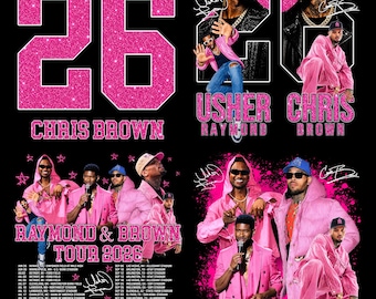 May include: A black graphic print featuring Usher Raymond and Chris Brown with large pink glittery text reading 26, Usher Raymond, Chris Brown, and The RCB Tour. The design includes tour dates, stadium locations, and artist signatures on a black background.