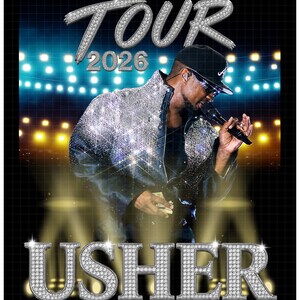 May include: A promotional image for Usher's 2026 tour. The image features Usher in a sparkling silver jacket, holding a microphone. The word "TOUR" and the year "2026" are displayed at the top, and the name "USHER" is at the bottom, all in a diamond-studded font.