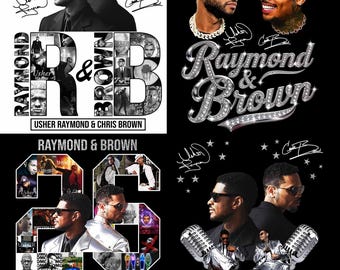 May include: A collage of four graphic designs featuring Usher and Chris Brown. The images include portraits of the artists, the text Raymond & Brown, R&B, and The R&B Tour, along with stylized signatures, diamond-effect lettering, and vintage microphones.