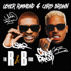 May include: Black graphic featuring Usher Raymond & Chris Brown, with their images, signatures, and "The R&B Tour" text. The image has a grid background and is in a portrait orientation.