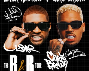 May include: Black graphic featuring Usher Raymond & Chris Brown, with their images, signatures, and "The R&B Tour" text. The image has a grid background and is in a portrait orientation.
