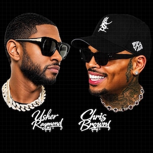 May include: A graphic featuring Usher Raymond and Chris Brown. Usher wears black sunglasses and a thick silver chain. Chris Brown wears a black baseball cap with white embroidery, black sunglasses, and a beaded necklace. Text reads Usher Raymond and Chris Brown.