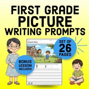 以下が含まれることがあります： 1年生向けの絵を使ったライティング練習セット。家の前で遊ぶ子供たちの漫画イラストが描かれたワークシートが含まれています。テキストには「FIRST GRADE PICTURE WRITING PROMPTS」、「SET OF 26 PAGES」、「BONUS LESSON INCLUDED」と書かれています。