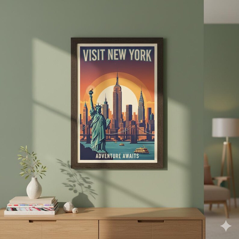 Vintage New York City Travel Poster Print - Empire State & Statue of ...