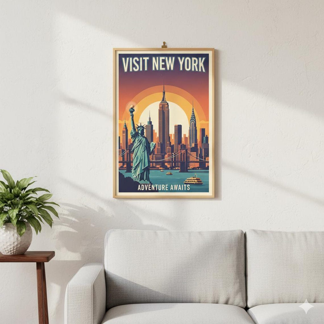 Vintage New York City Travel Poster Print - Empire State & Statue of ...