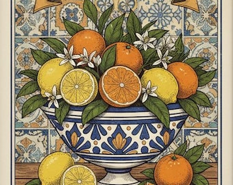 Frutas Del Sol Print - Vintage Spanish Tile Kitchen Wall Art - Citrus Fruit Illustration