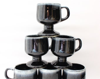McCoy Pottery Black Foam Drip Pedestal Coffee Mugs, 6 McCoy Black Foam Drip Pedestal Mugs, Black McCoy Mugs, Foam Drip Mugs