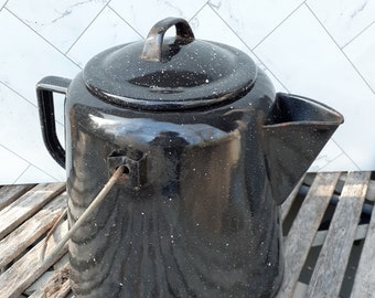 Black and White Graniteware Cowboy Coffee Pot, Speckled Sunflower Vase, Vintage Kitchen Décor,