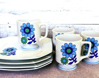 Vintage Luncheon Set, Mod 1960's Blue Floral Cup and Luncheon Plate Set, Set of 4 Vintage Luncheon, Sandwich Plates and Cups, Groovy