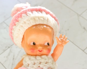 Vintage Irwin Kewpie, Doll Hard Plastic, 6.5" Powder Shaker, Pink Crochet Dress, Vintage QP, Vintage Cupie Doll, Irwin Kewpie