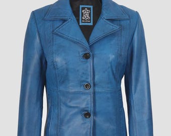 Women's Leather Coat Blue Waxed : Vintage Blazer Style fully lined
